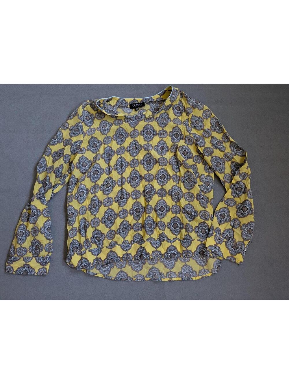 Caroll Blouse Womens 38 Yellow Paisley Silk Sheer Long Sleeve Chiffon Top